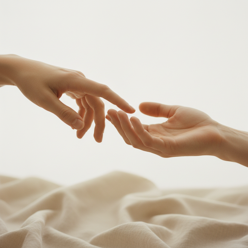 Hands touching gently in light background